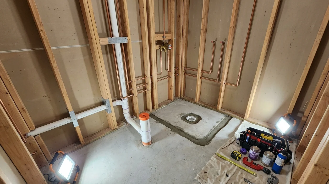 Bathroom rough-in plumbing during remodel by Johns Plumbing LLC in Vivian