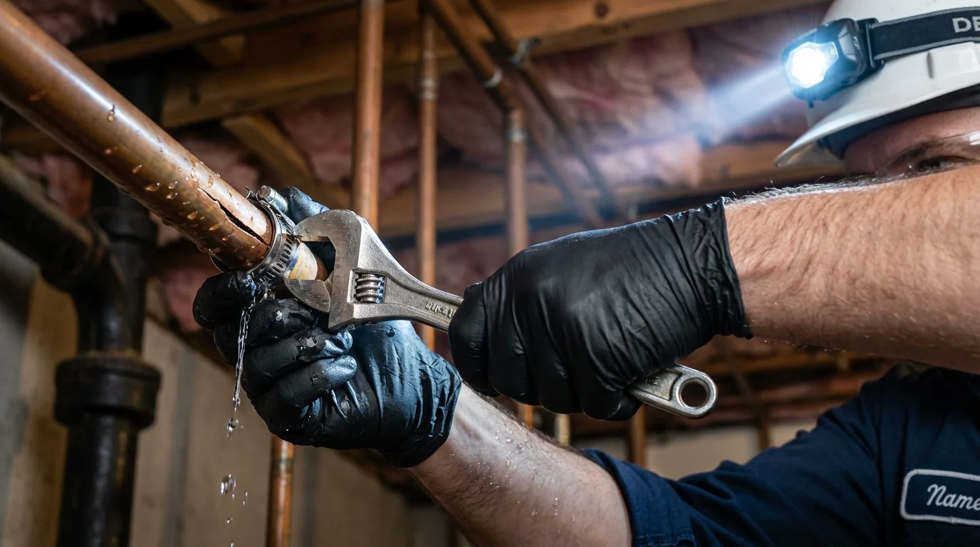 Emergency pipe clamp repair being performed by a Johns Plumbing LLC plumber in Vivian