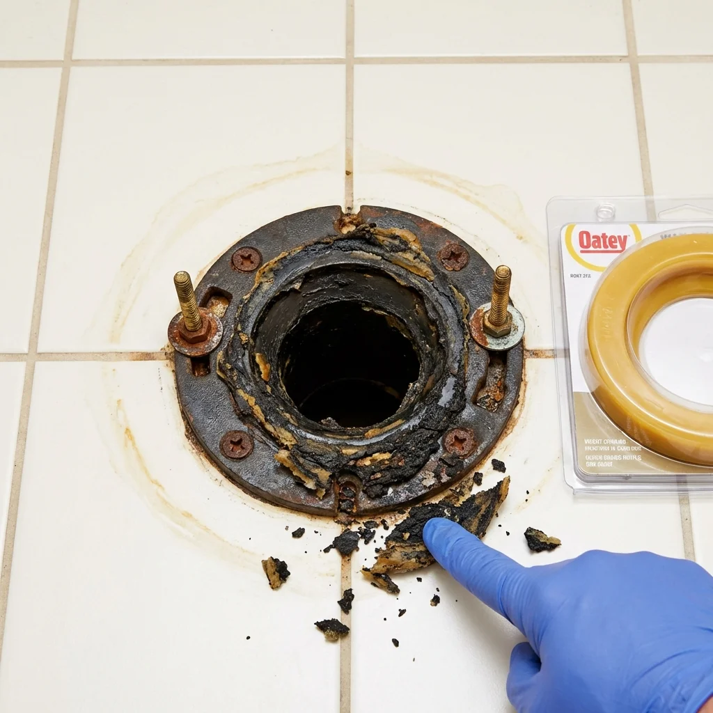 Failed wax ring showing water seepage at the base of a toilet in a Vivian, LA home