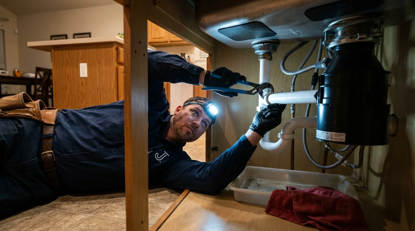 P-trap and supply line connections under a kitchen sink showing a common leak point in Vivian, LA
